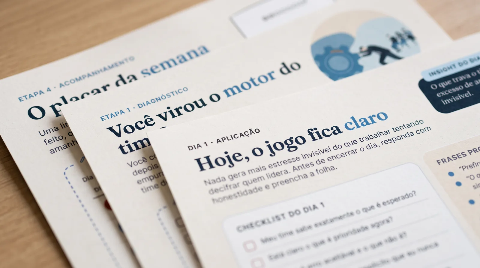 Fichas do Manual de Aplicação impressas e sobrepostas: diagnóstico, ficha de aplicação e plano