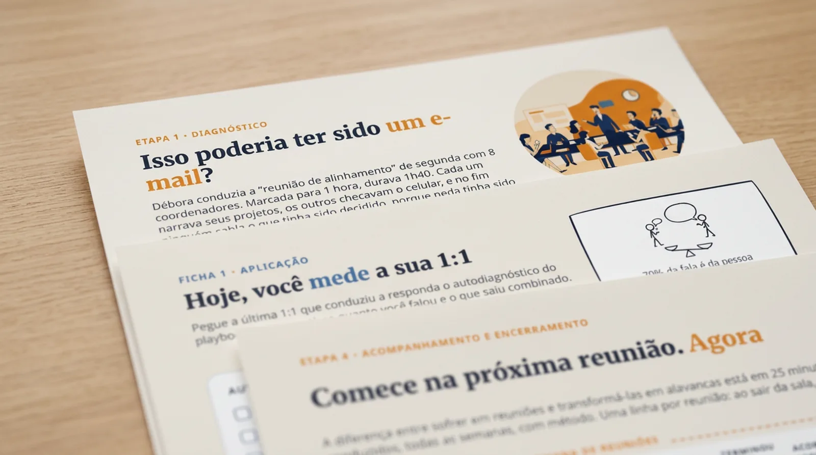 Fichas do Manual de Aplicação impressas e sobrepostas: diagnóstico, ficha de aplicação e plano