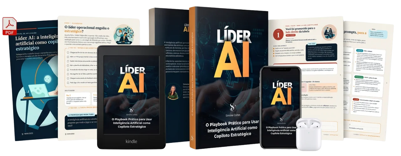 Playbook Líder AI em tablet, celular e livro