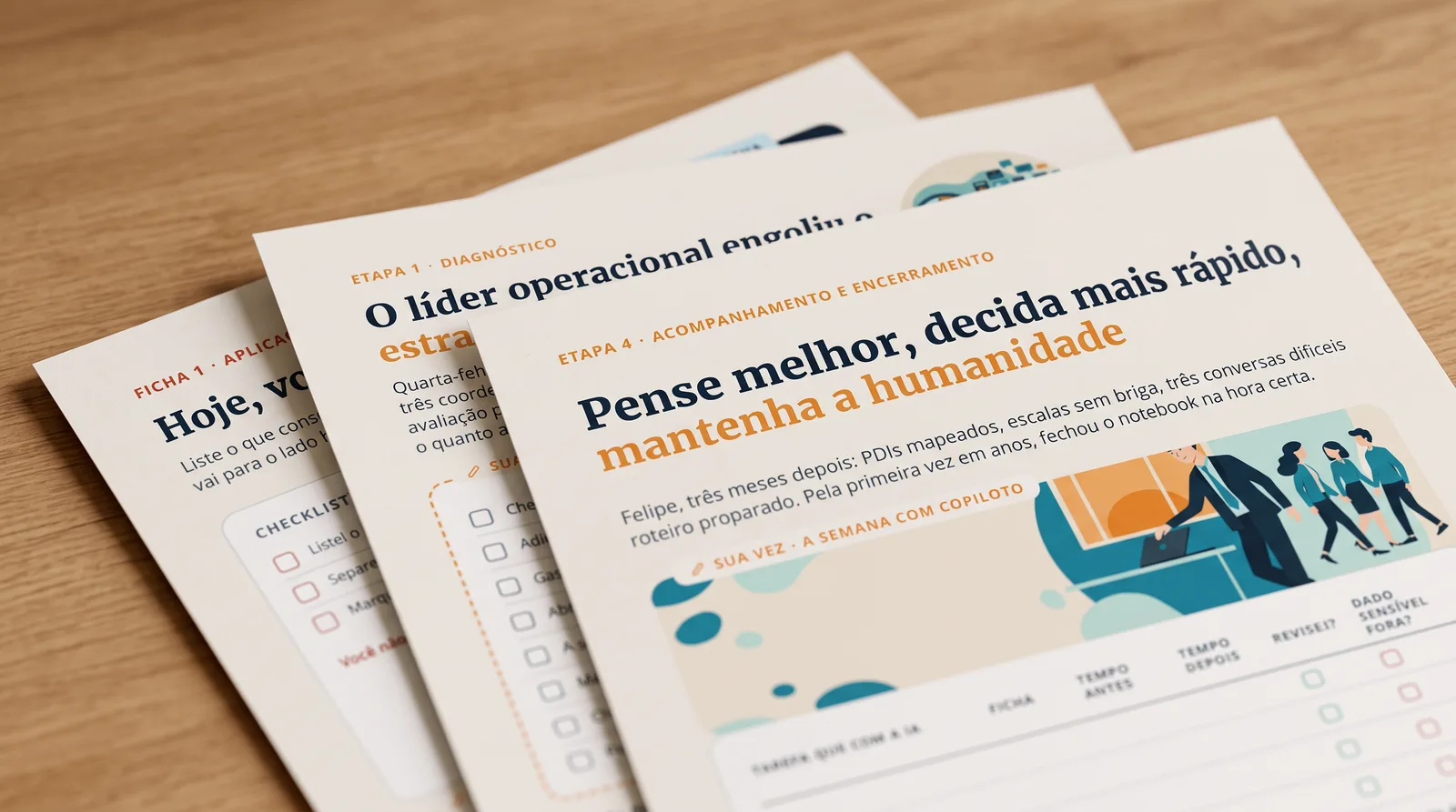 Fichas do Manual de Aplicação impressas e sobrepostas: diagnóstico, ficha de aplicação e plano