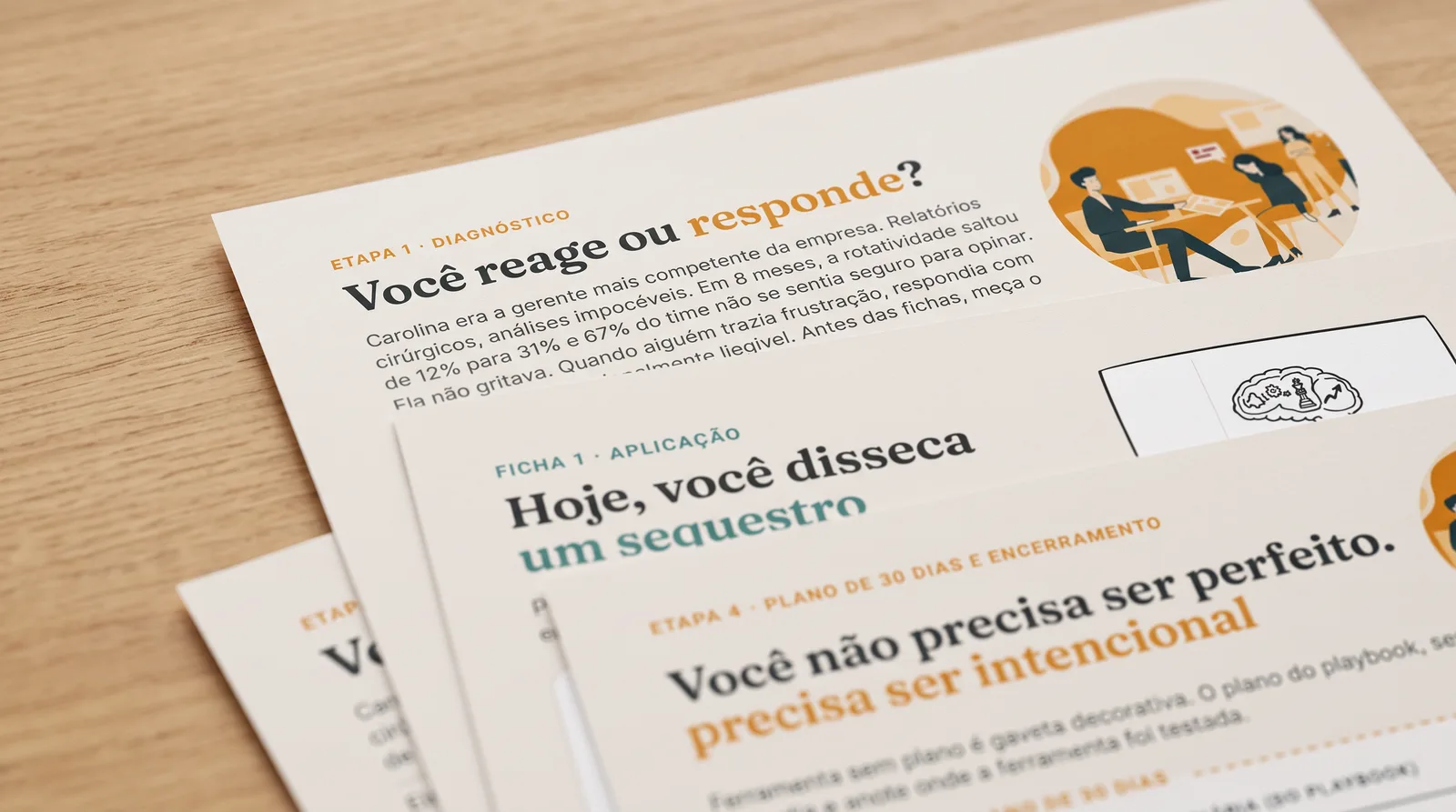 Fichas do Manual de Aplicação impressas e sobrepostas: diagnóstico, ficha de aplicação e plano