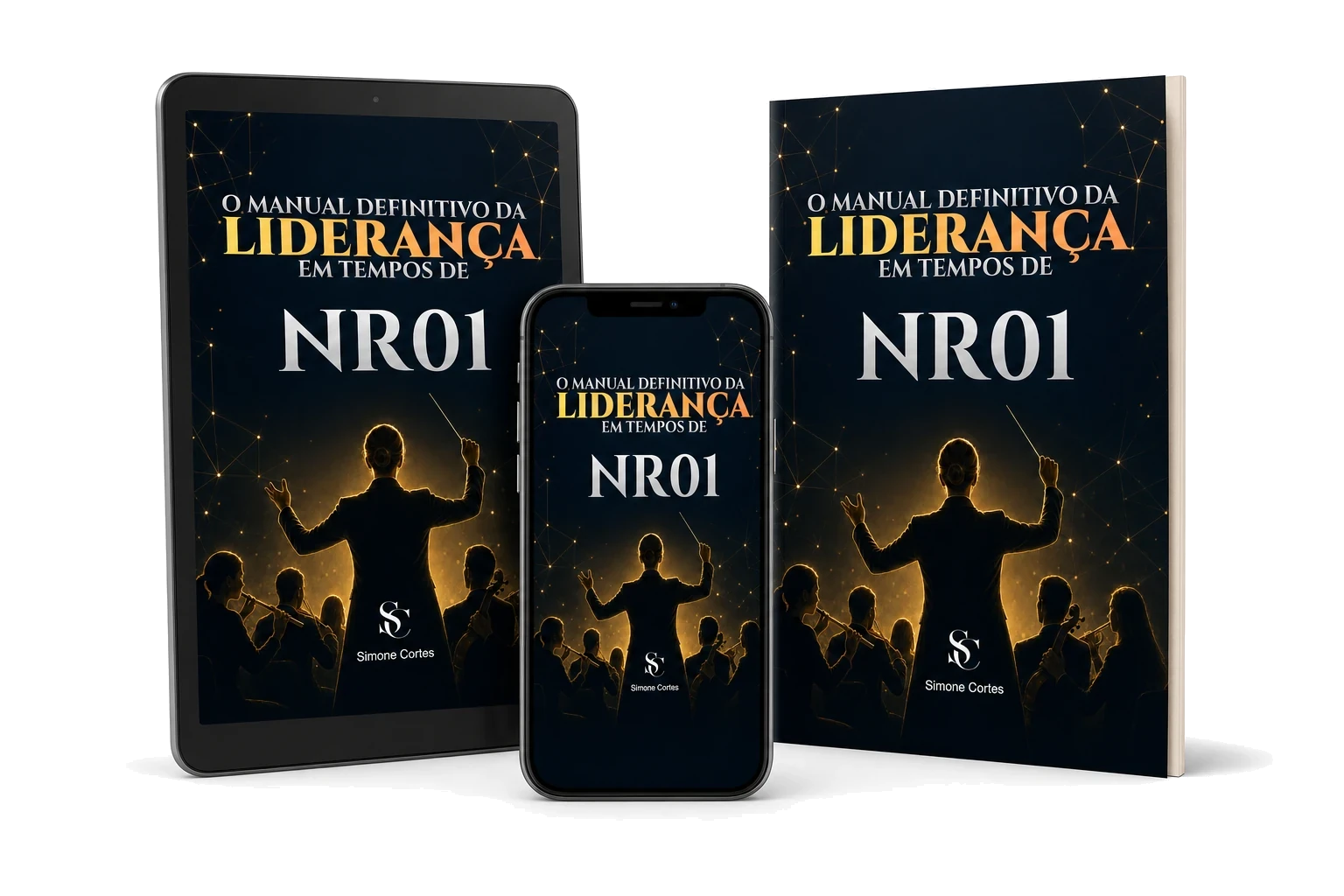 Playbook O Manual Definitivo da Liderança em Tempos de NR01 em tablet, celular e livro