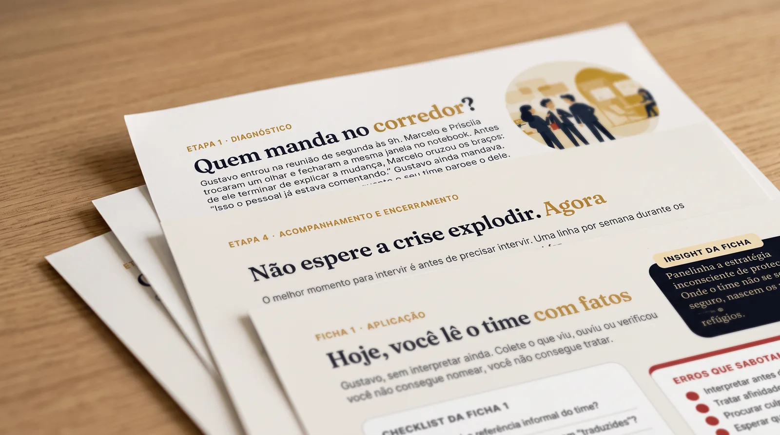 Fichas do Manual de Aplicação impressas e sobrepostas: diagnóstico, ficha de aplicação e plano