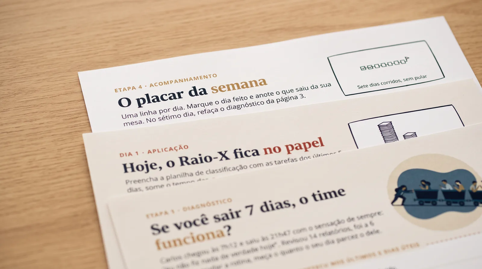 Fichas do Manual de Aplicação impressas e sobrepostas: diagnóstico, ficha de aplicação e plano